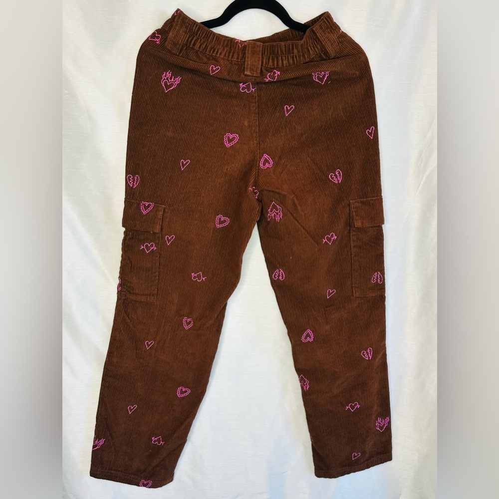 Brown Corduroy Pants with Pink Heart Embroidery - Picture 2 of 10